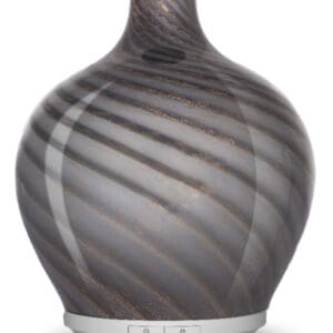 A gray vase with a spiral design on the bottom.