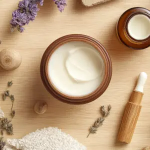 A wooden table topped with a jar of cream.