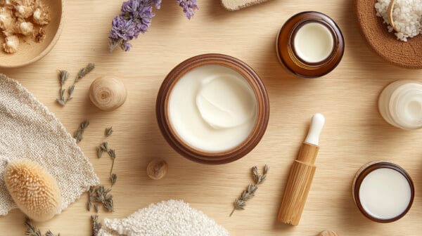 A wooden table topped with a jar of cream.