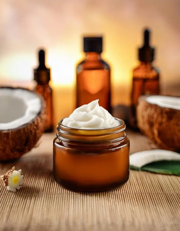 A jar of cream sitting on top of a table.