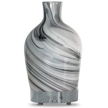 A black and white vase with a swirl pattern.