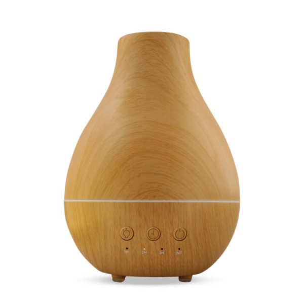 A wooden vase with a green background