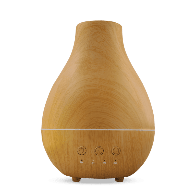 A wooden vase with a green background