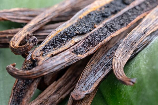 A close up of some vanilla beans on a green surface