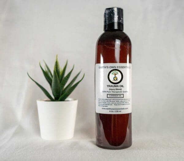 A bottle of massage oil next to a plant.