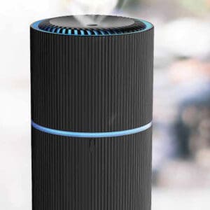 A black and blue air purifier on top of a pole.