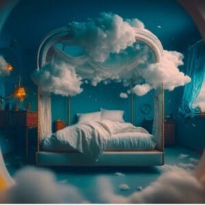 A bed with clouds on the top of it