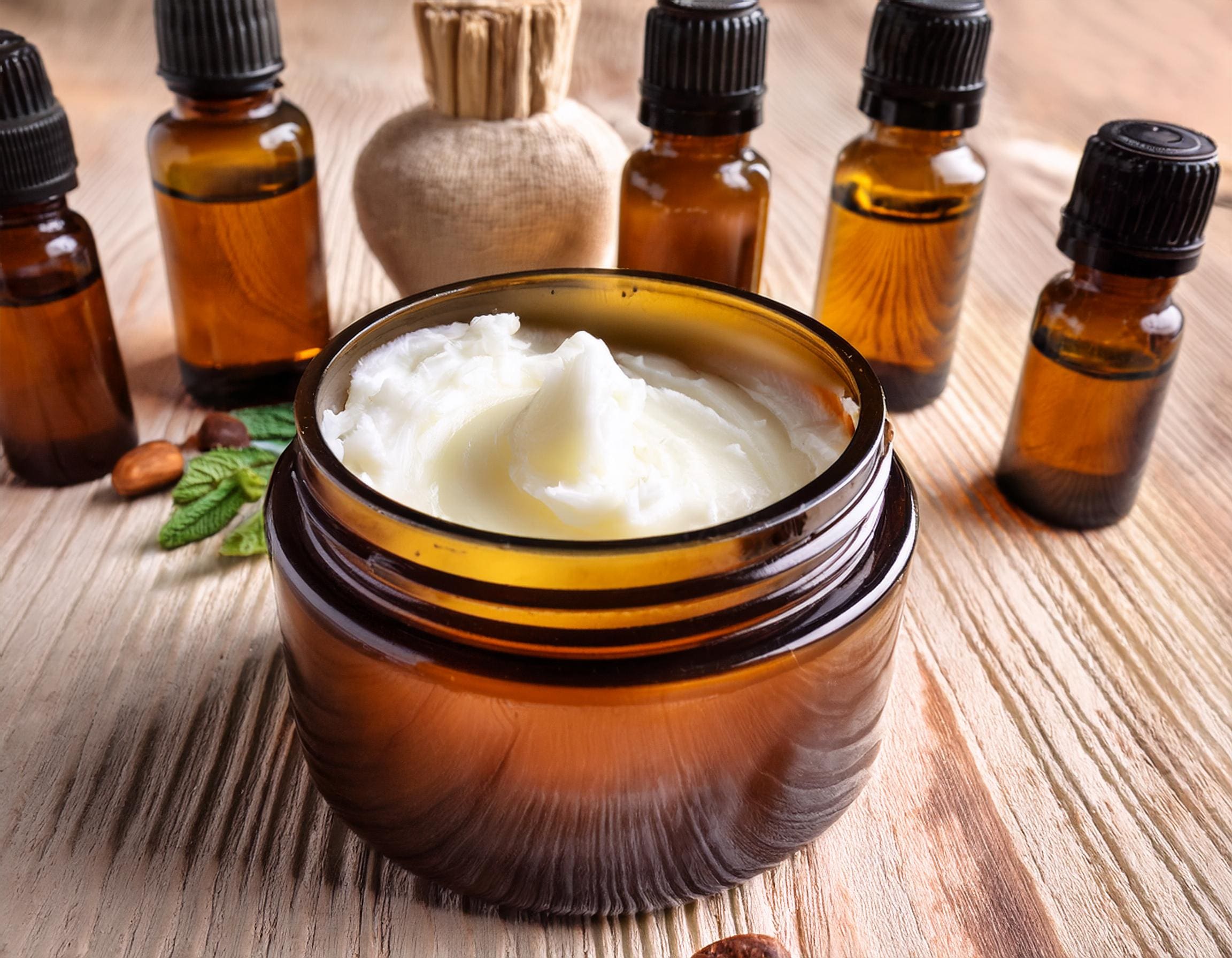 A jar of cream sitting on top of a wooden table.