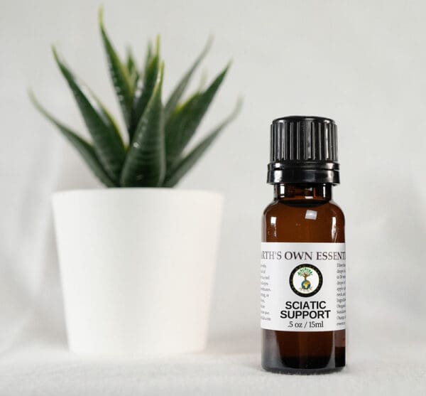 A bottle of essential oil next to a plant.